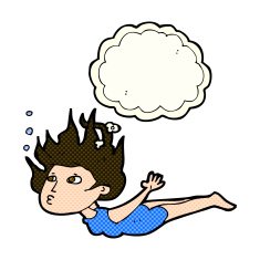 cartoon woman swimming underwater with thought bubble N5