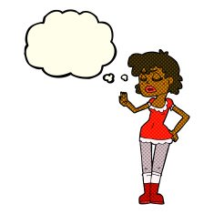 cartoon woman making dismissive gesture with thought bubble N10
