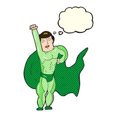cartoon superhero with thought bubble N11