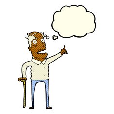 cartoon old man with walking stick thought bubble N4
