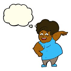 cartoon overweight woman with thought bubble N8