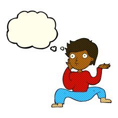 cartoon boy doing crazy dance with thought bubble N6
