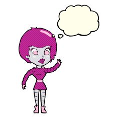 cartoon robot woman waving with thought bubble N10