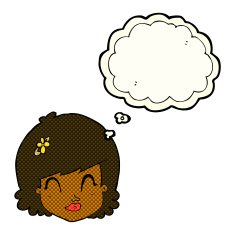 cartoon happy female face with thought bubble N89