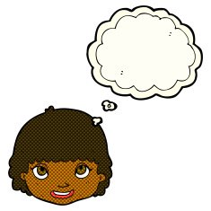 cartoon happy female face with thought bubble N90