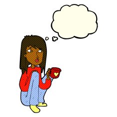 cartoon woman sitting with cup of coffee thought bubble N6
