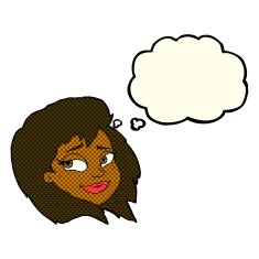 cartoon happy female face with thought bubble N95