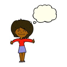 cartoon woman giving thumbs up sign with thought bubble N6