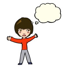 cartoon waving woman with thought bubble N67