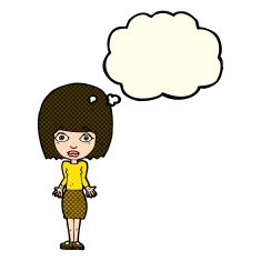 cartoon woman shrugging shoulders with thought bubble N234
