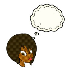 cartoon pretty female face pouting with thought bubble N6