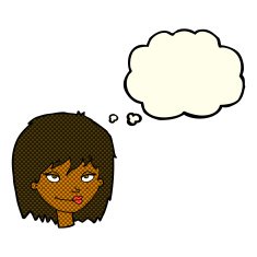 cartoon smiling woman with thought bubble N6