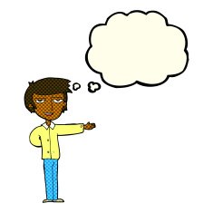 cartoon man gesturing welcome with thought bubble N6