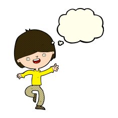 cartoon happy boy dancing with thought bubble N5