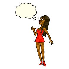 cartoon woman in pink dress with thought bubble N6