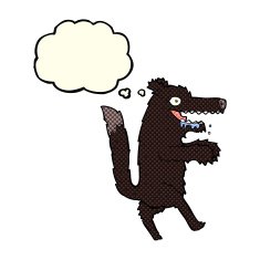 cartoon big bad wolf with thought bubble