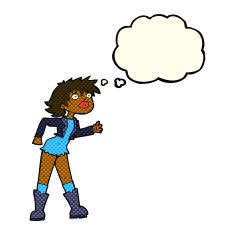 cartoon girl in leather jacket with thought bubble N6