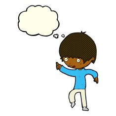 cartoon worried boy pointing with thought bubble N6