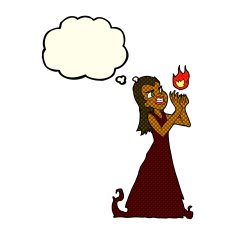 cartoon witch woman casting spell with thought bubble N6