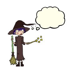 cartoon witch casting spell with thought bubble N9
