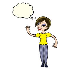 cartoon woman waving with thought bubble N171