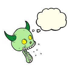 cartoon spooky skull with thought bubble N75