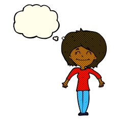 cartoon woman shrugging shoulders with thought bubble N235