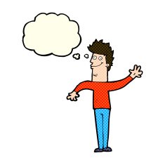 cartoon happy waving man with thought bubble N5