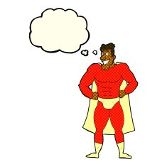 cartoon superhero with thought bubble N12
