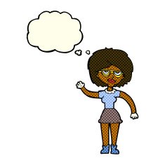cartoon waving woman wearing spectacles with thought bubble N6