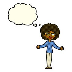 cartoon woman wearing spectacles with thought bubble N22