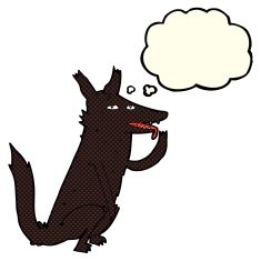 cartoon wolf licking paw with thought bubble N3