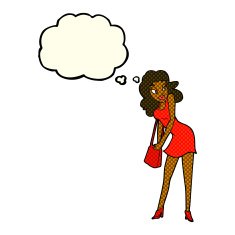 cartoon woman looking in handbag with thought bubble N6