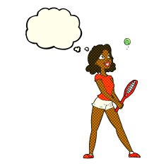 cartoon woman playing tennis with thought bubble N4