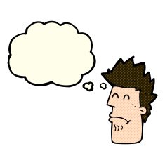 cartoon man feeling sick with thought bubble N3