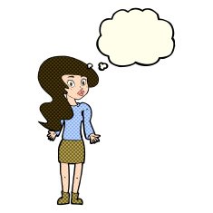 cartoon woman shrugging shoulders with thought bubble N237