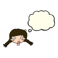 cartoon confused female face with thought bubble N5