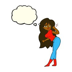 cartoon woman raising fist with thought bubble N6
