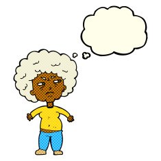 cartoon annoyed old woman with thought bubble N11