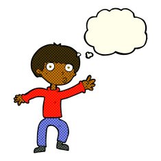 cartoon boy waving warning with thought bubble N6