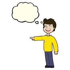 cartoon man pointing and laughing with thought bubble N16