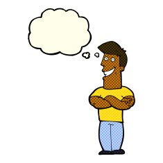cartoon grinning man with thought bubble N48