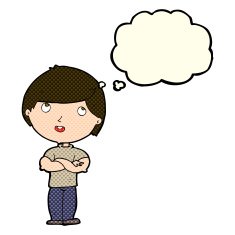 cartoon happy man with folded arm thought bubble N5