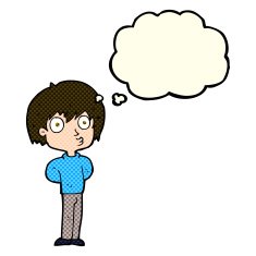 cartoon impressed boy with thought bubble N3