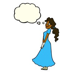 cartoon pretty woman in dress with thought bubble N24