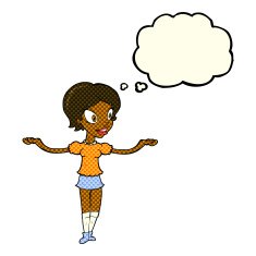 cartoon woman with arms spread wide thought bubble N6
