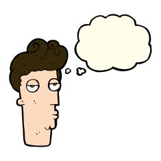 cartoon bored man's face with thought bubble N4