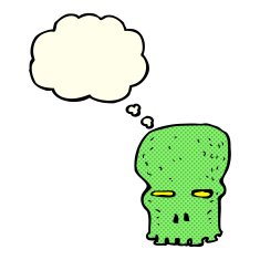 cartoon spooky skull with thought bubble N80