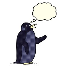 cartoon penguin waving with thought bubble N2