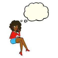 cartoon office woman sitting with thought bubble N6